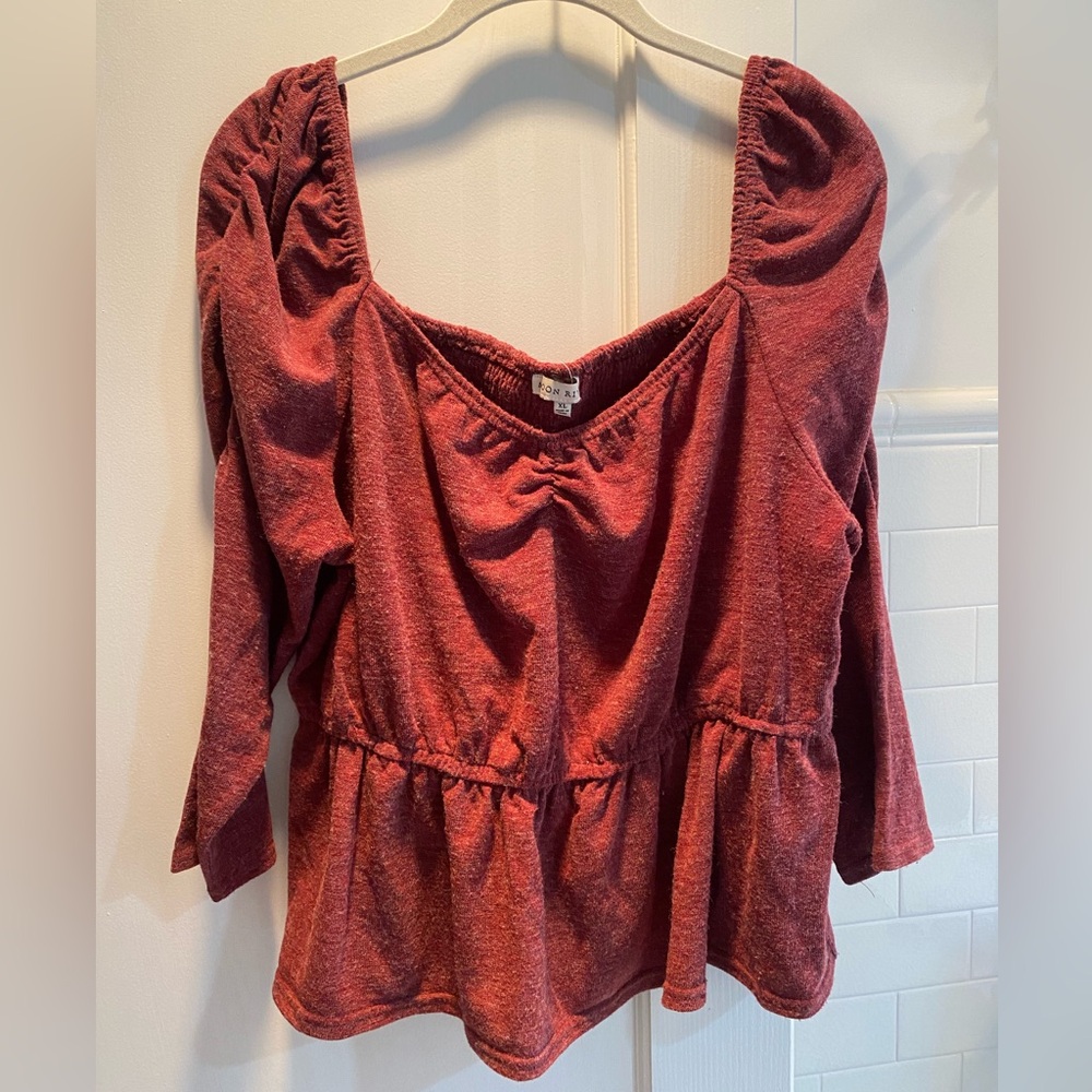 Anthropologie Maroon Peplum Long-Sleeve Top - Picture 2 of 8